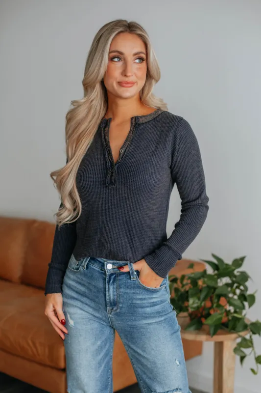 Cielle Waffle Knit Top - Navy sold by Wild Oak Boutique