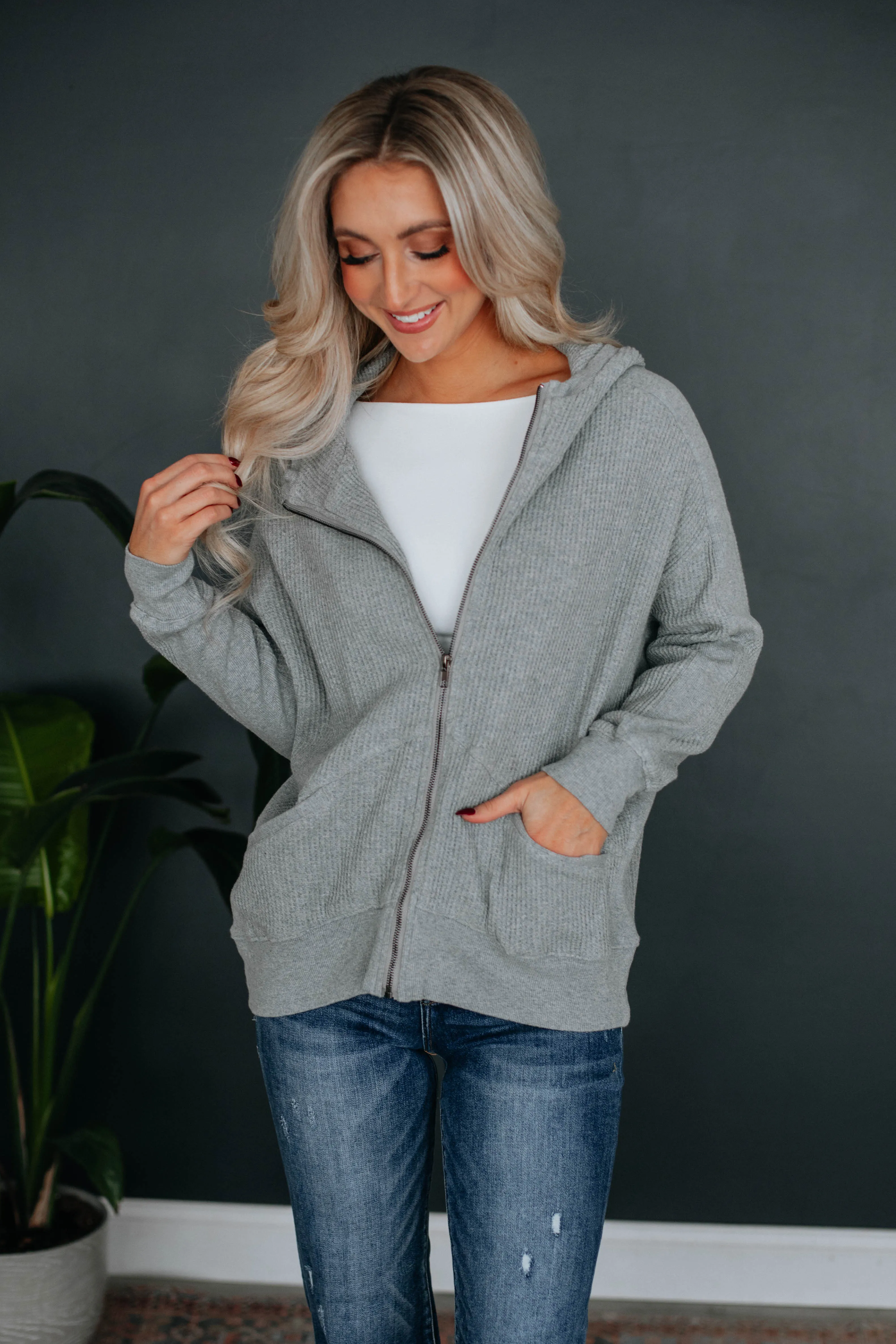 Zeldine Zip-Up Jacket - Heather Grey sold by Wild Oak Boutique
