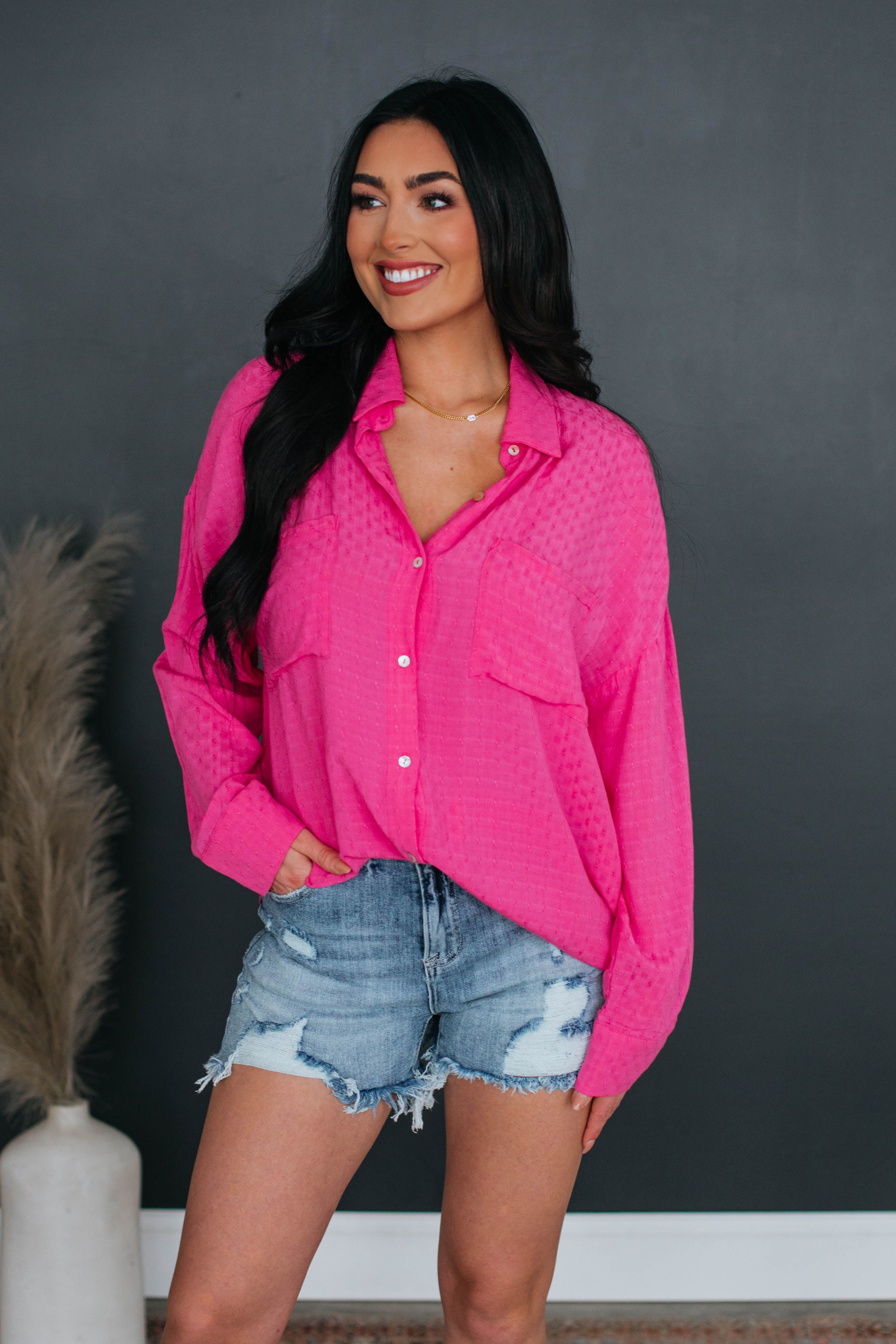 Gail Button Down - Hot Pink sold by Wild Oak Boutique