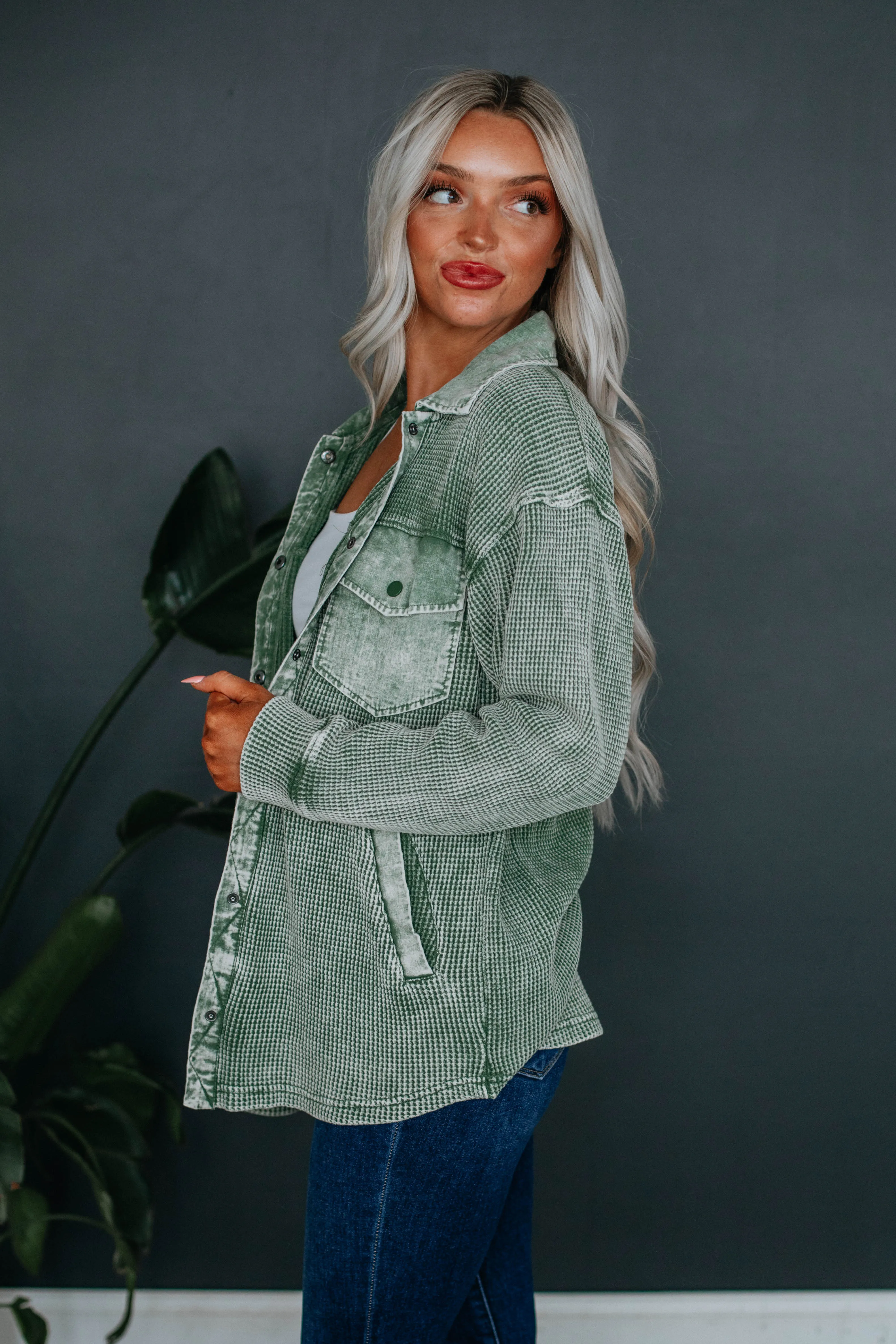 Zolee Waffle Knit Shacket - Basil sold by Wild Oak Boutique product image thumbnail 4