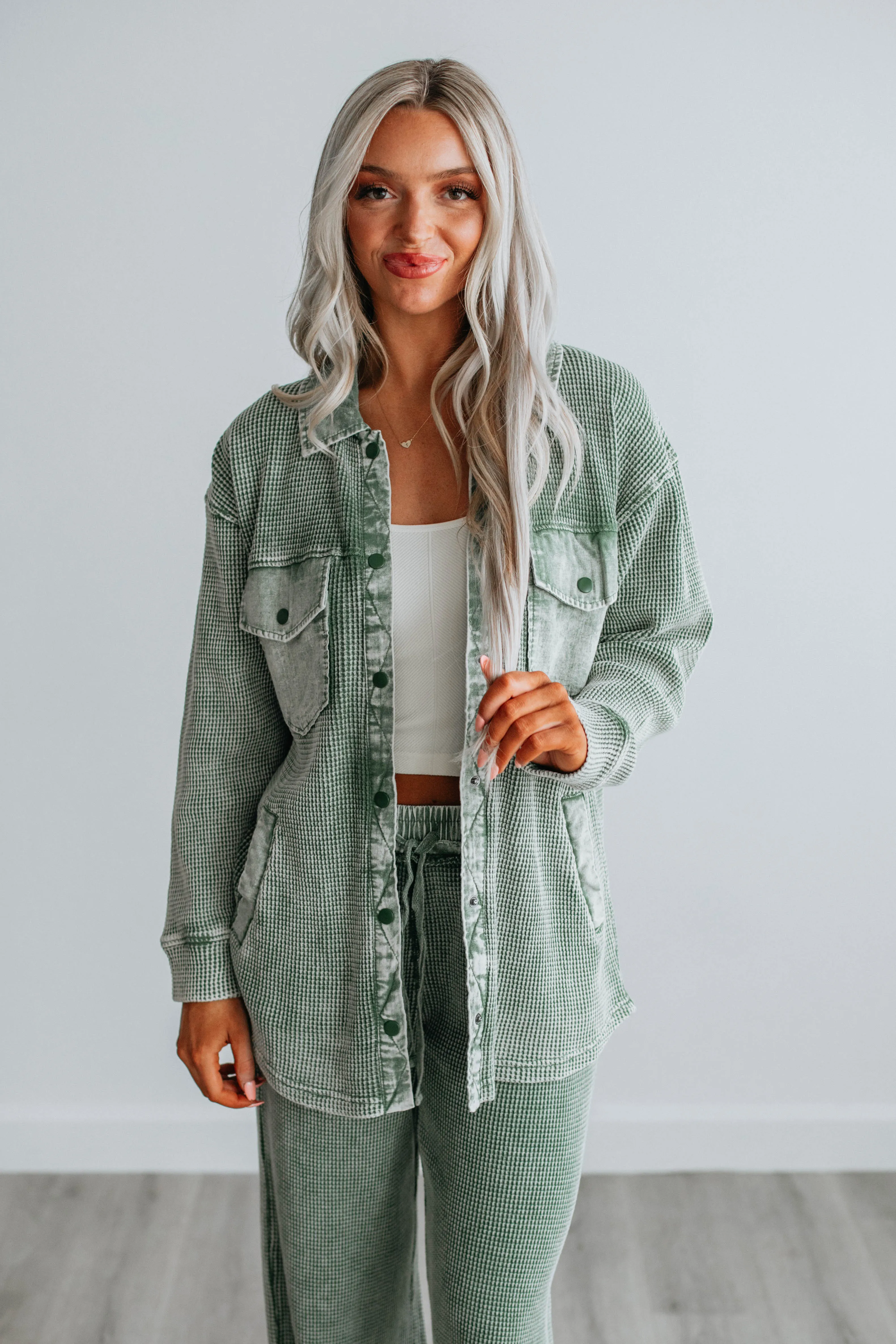 Zolee Waffle Knit Shacket - Basil sold by Wild Oak Boutique