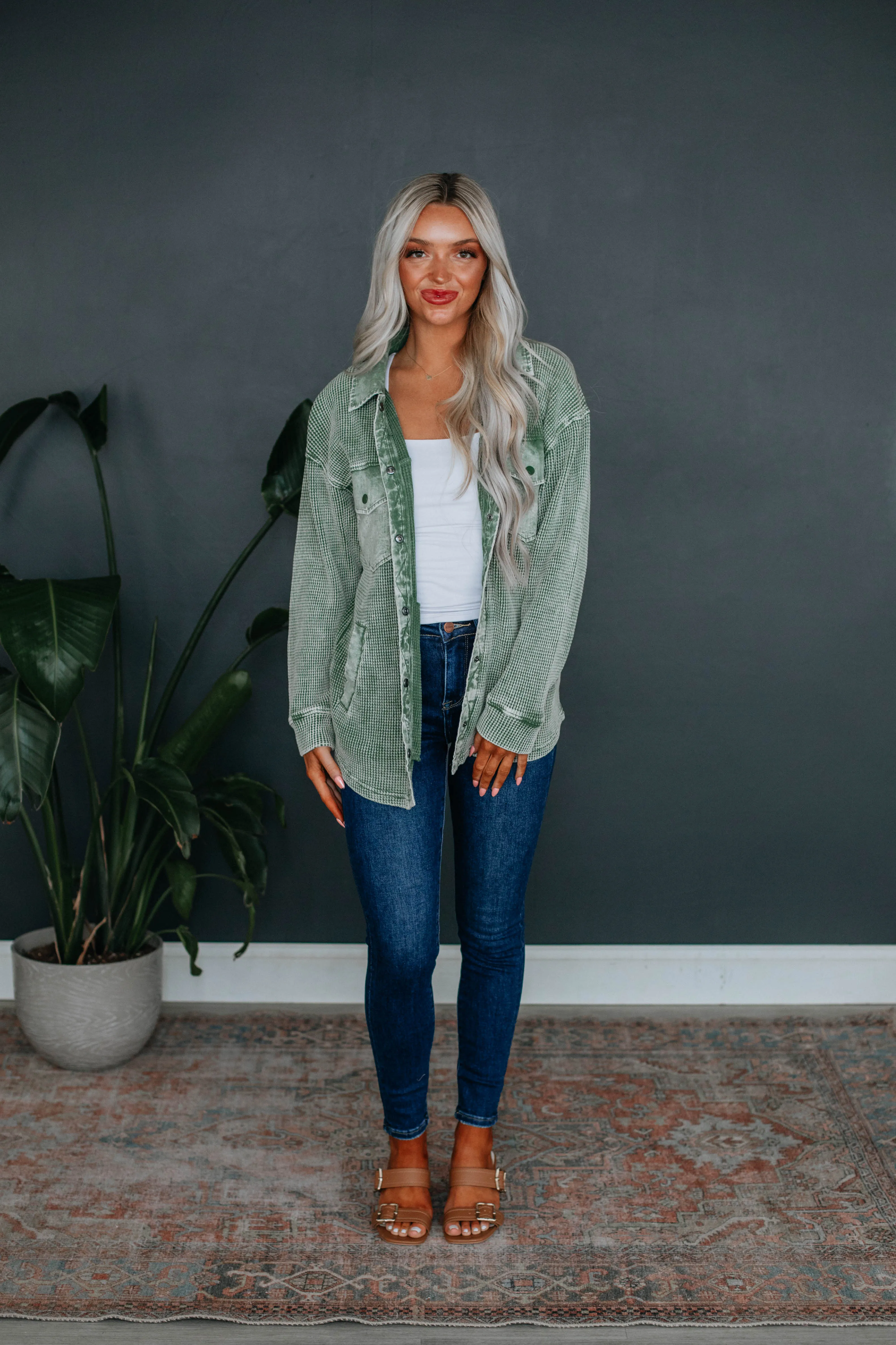 Zolee Waffle Knit Shacket - Basil sold by Wild Oak Boutique product image thumbnail 5