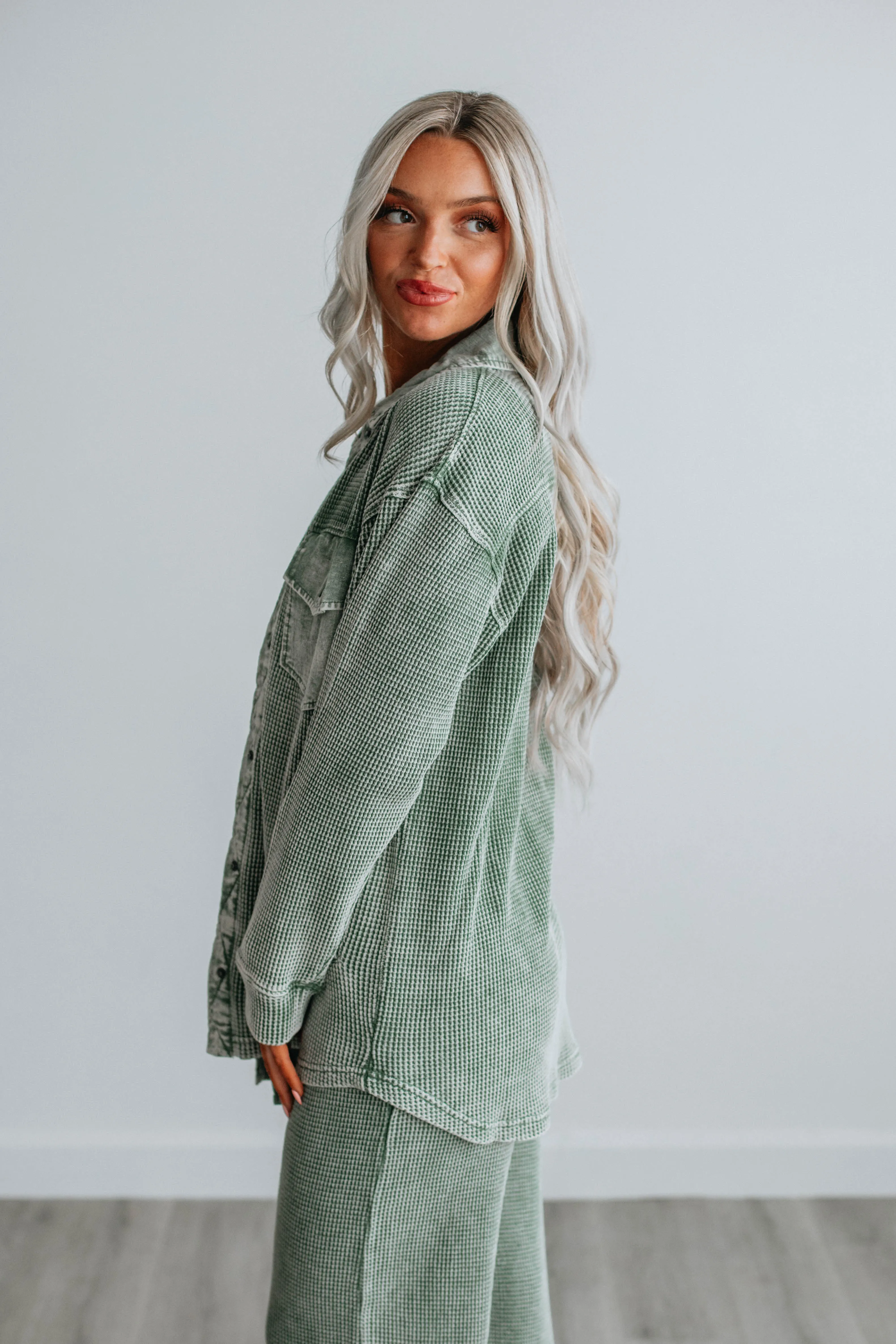 Zolee Waffle Knit Shacket - Basil sold by Wild Oak Boutique product image thumbnail 2
