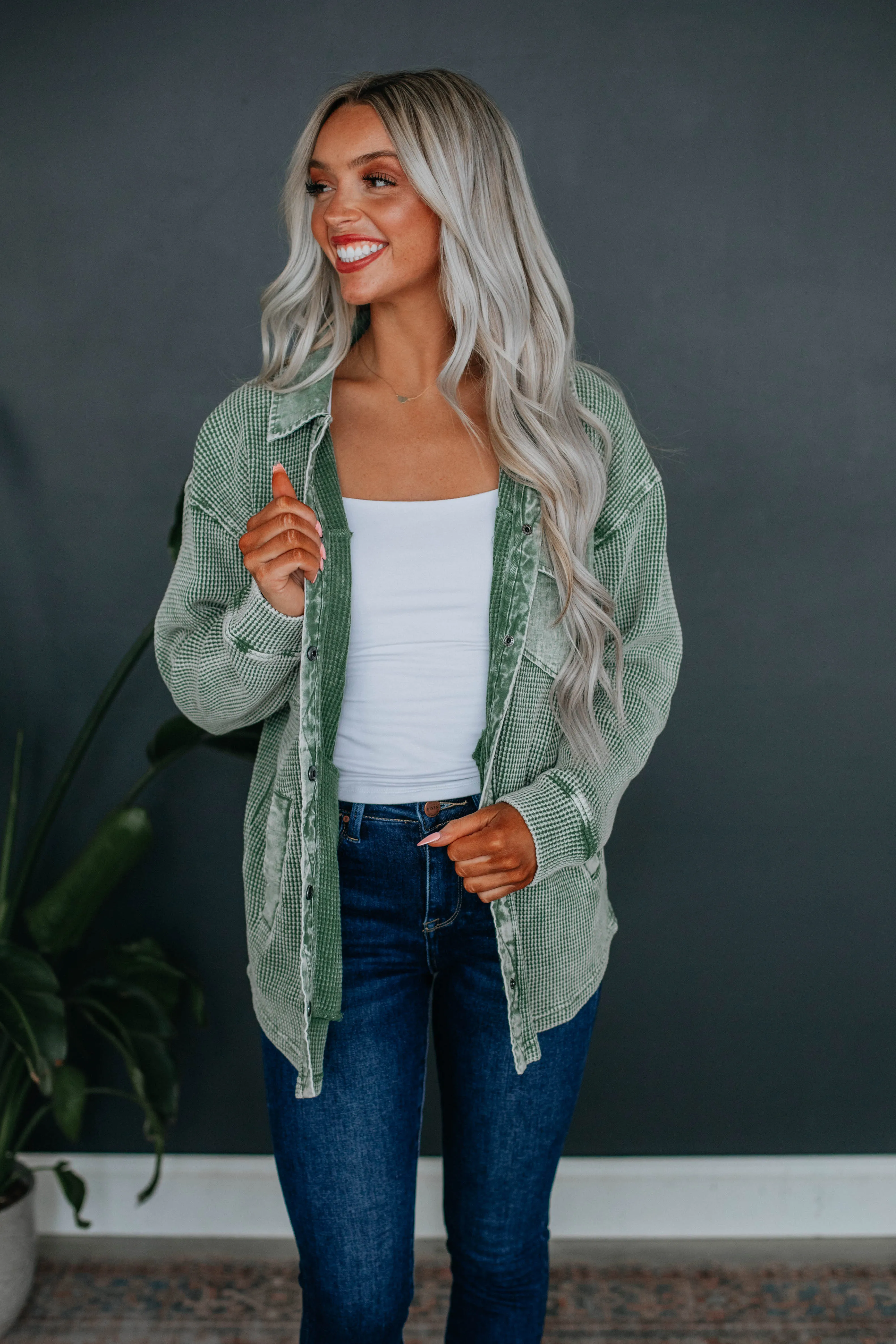 Zolee Waffle Knit Shacket - Basil sold by Wild Oak Boutique product image thumbnail 3