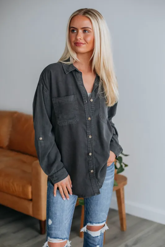 Keisha Button Down - Charcoal sold by Wild Oak Boutique