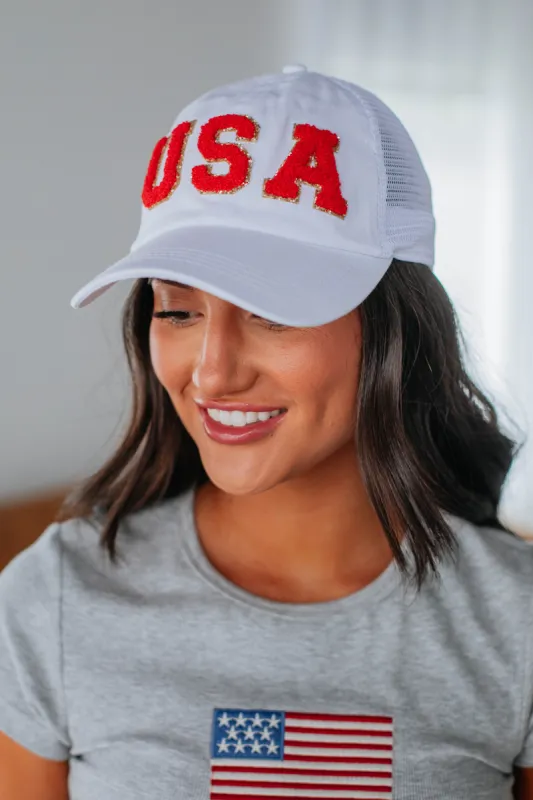 USA Chenille Baseball Cap - Ivory sold by Wild Oak Boutique