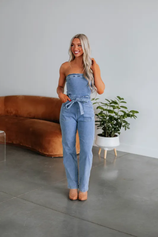 Main Attraction Denim Jumpsuit sold by Wild Oak Boutique