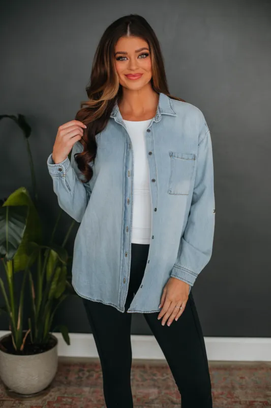 Florence Risen Denim Shacket sold by Wild Oak Boutique