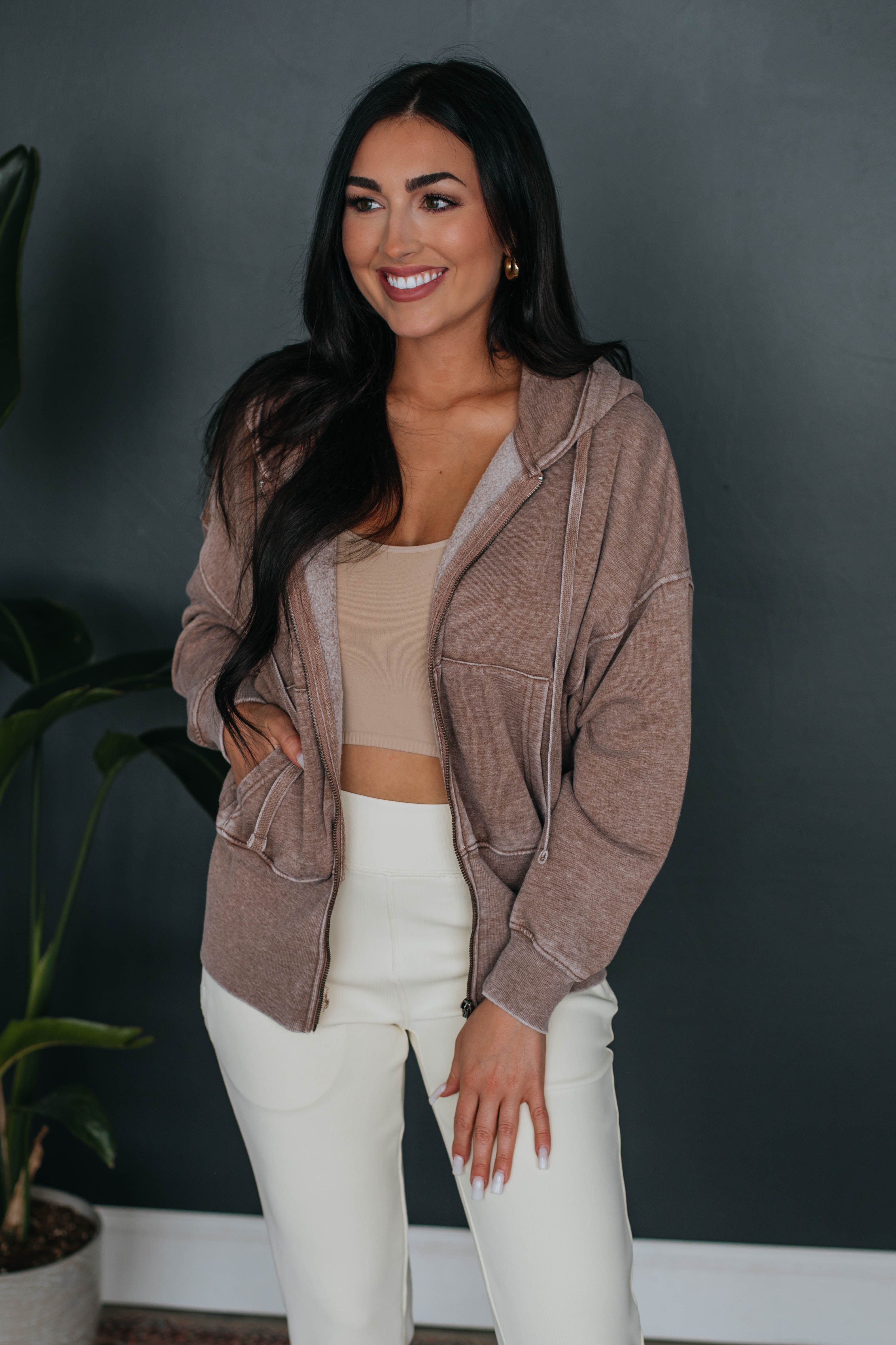 Maxwell Washed Zip-Up Hoodie - Chocolate sold by Wild Oak Boutique
