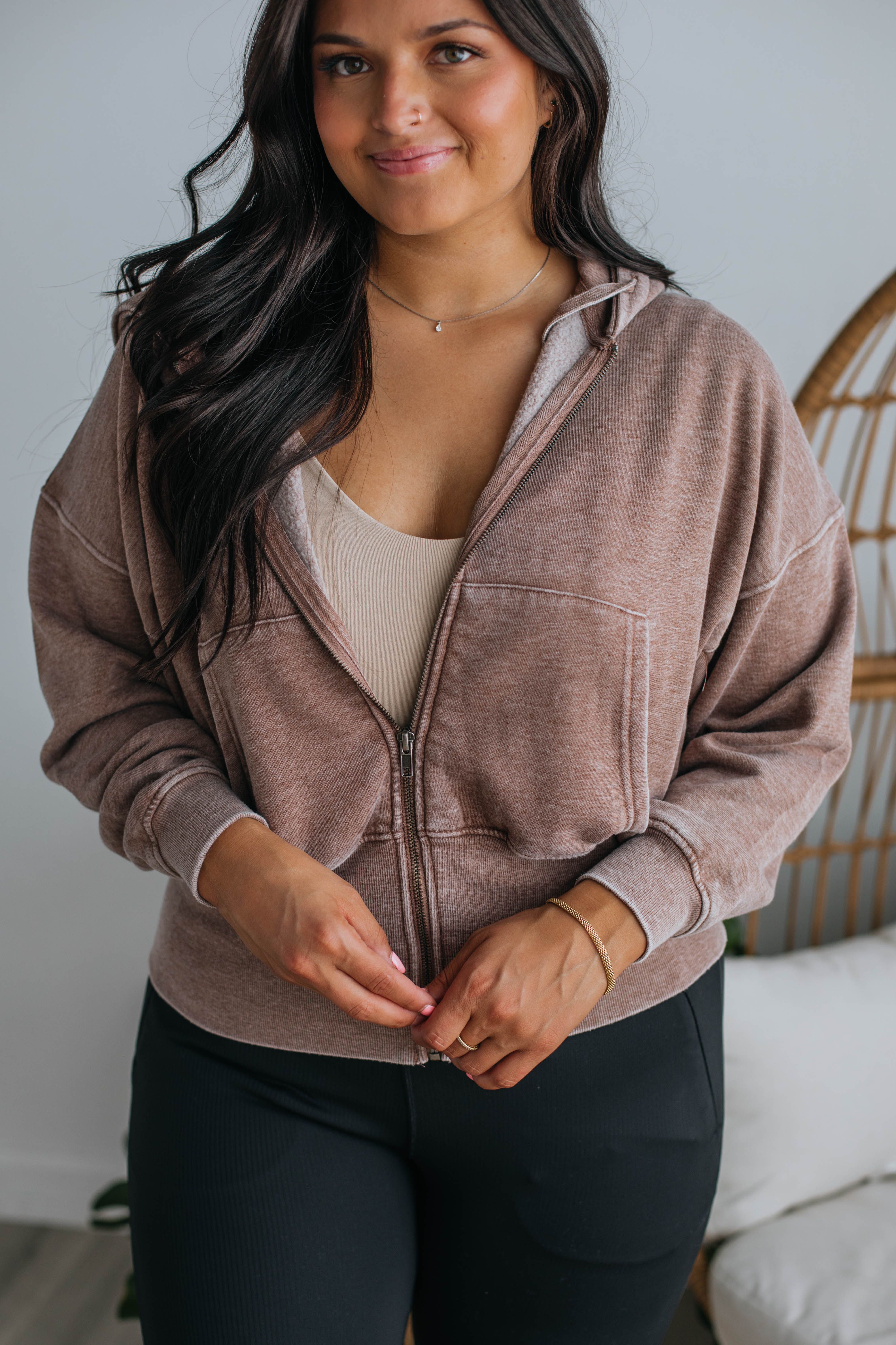 Maxwell Washed Zip-Up Hoodie - Chocolate sold by Wild Oak Boutique product image thumbnail 4