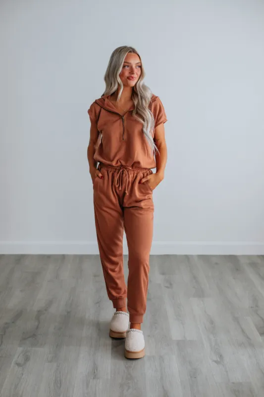 Darianna Hooded Jumpsuit - Clay sold by Wild Oak Boutique
