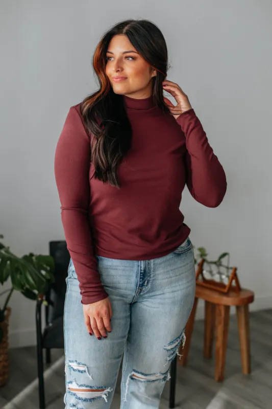 Evelina Mock Neck Top - Wine sold by Wild Oak Boutique