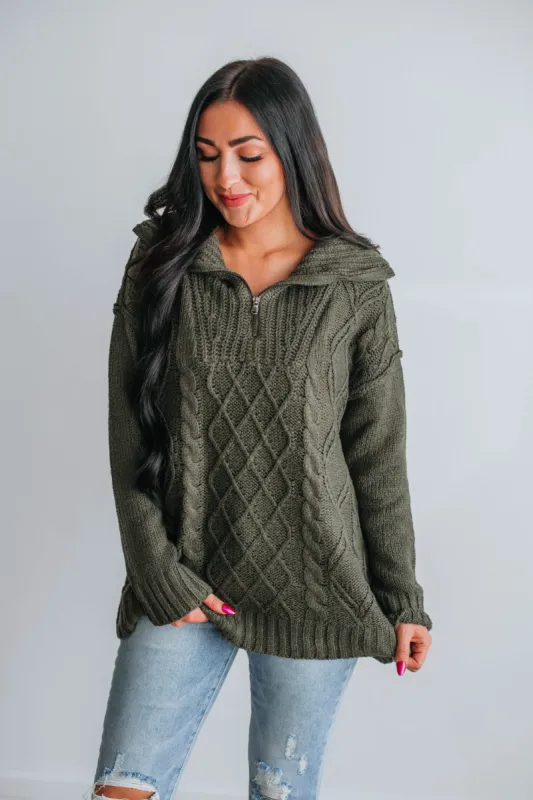 Mona Half-Zip Sweater - Dark Olive sold by Wild Oak Boutique