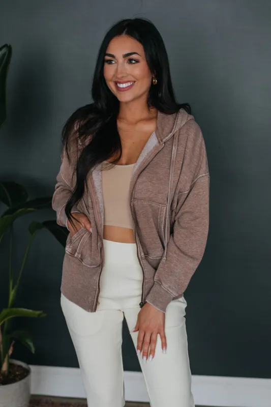 Maxwell Washed Zip-Up Hoodie - Chocolate sold by Wild Oak Boutique