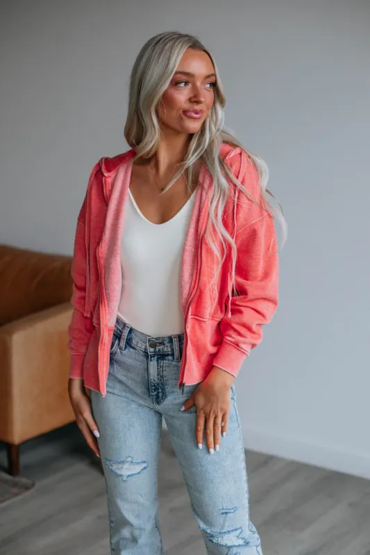 Maxwell Washed Zip-Up Hoodie - Coral sold by Wild Oak Boutique