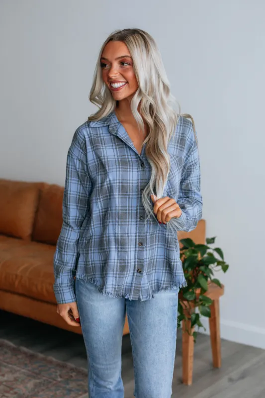 Alora Oversized Flannel - Powder Blue Mix sold by Wild Oak Boutique