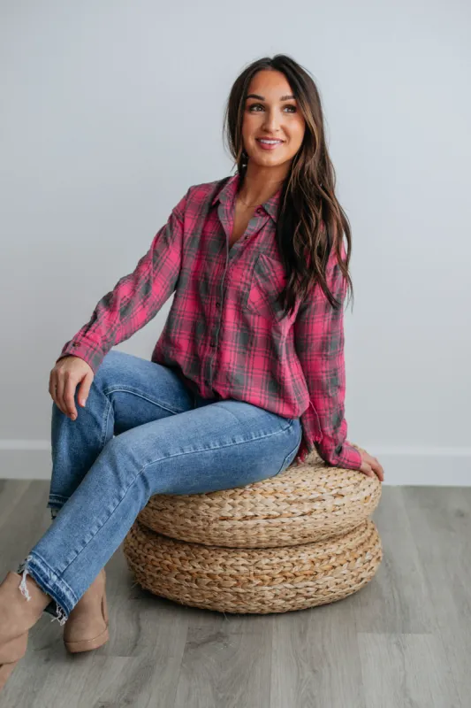 Alora Oversized Flannel - Hot Pink Mix made by Wild Oak Boutique