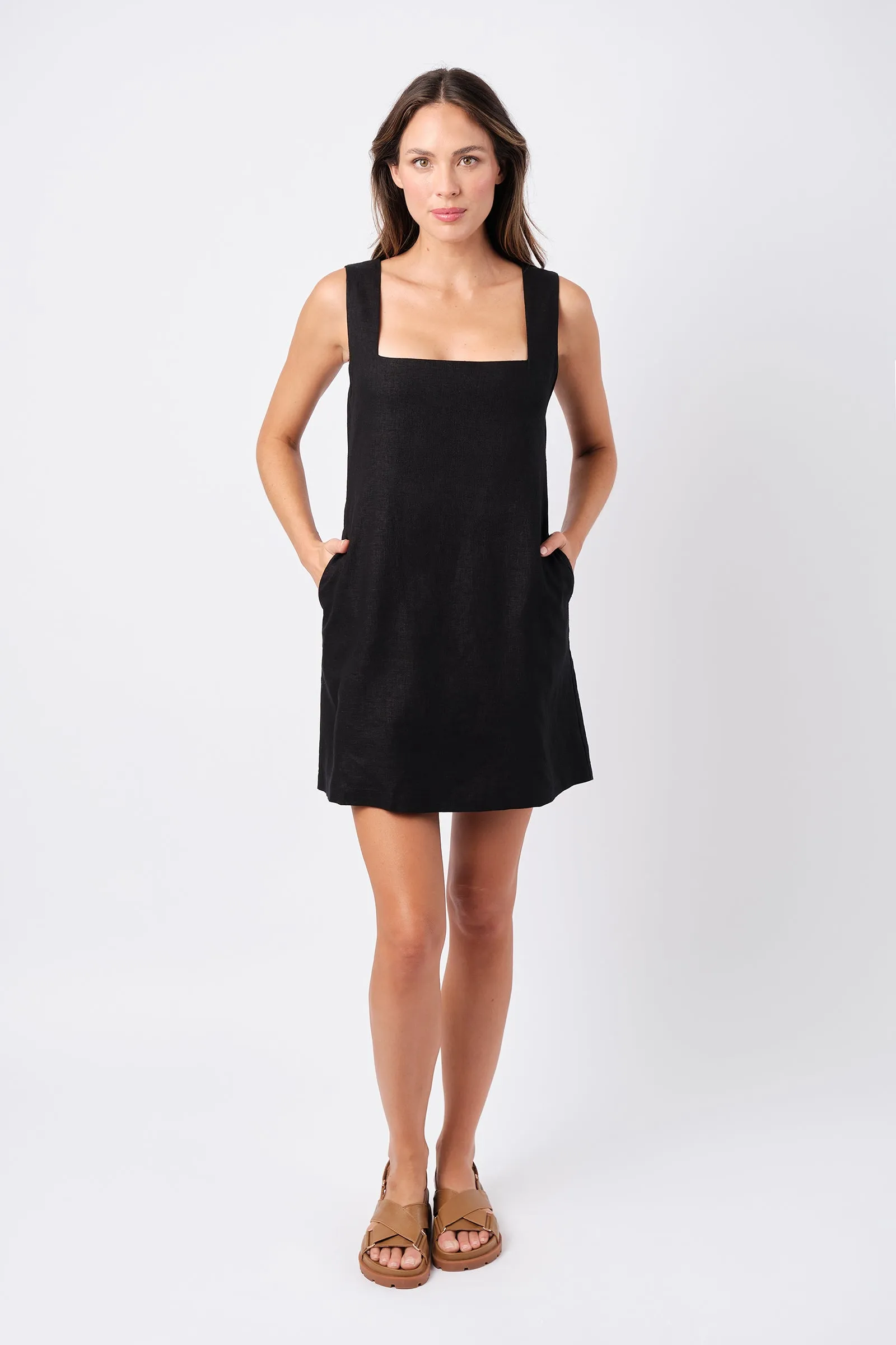 Linen Square Neck Mini Dress BLACK sold by UNE PIECE
