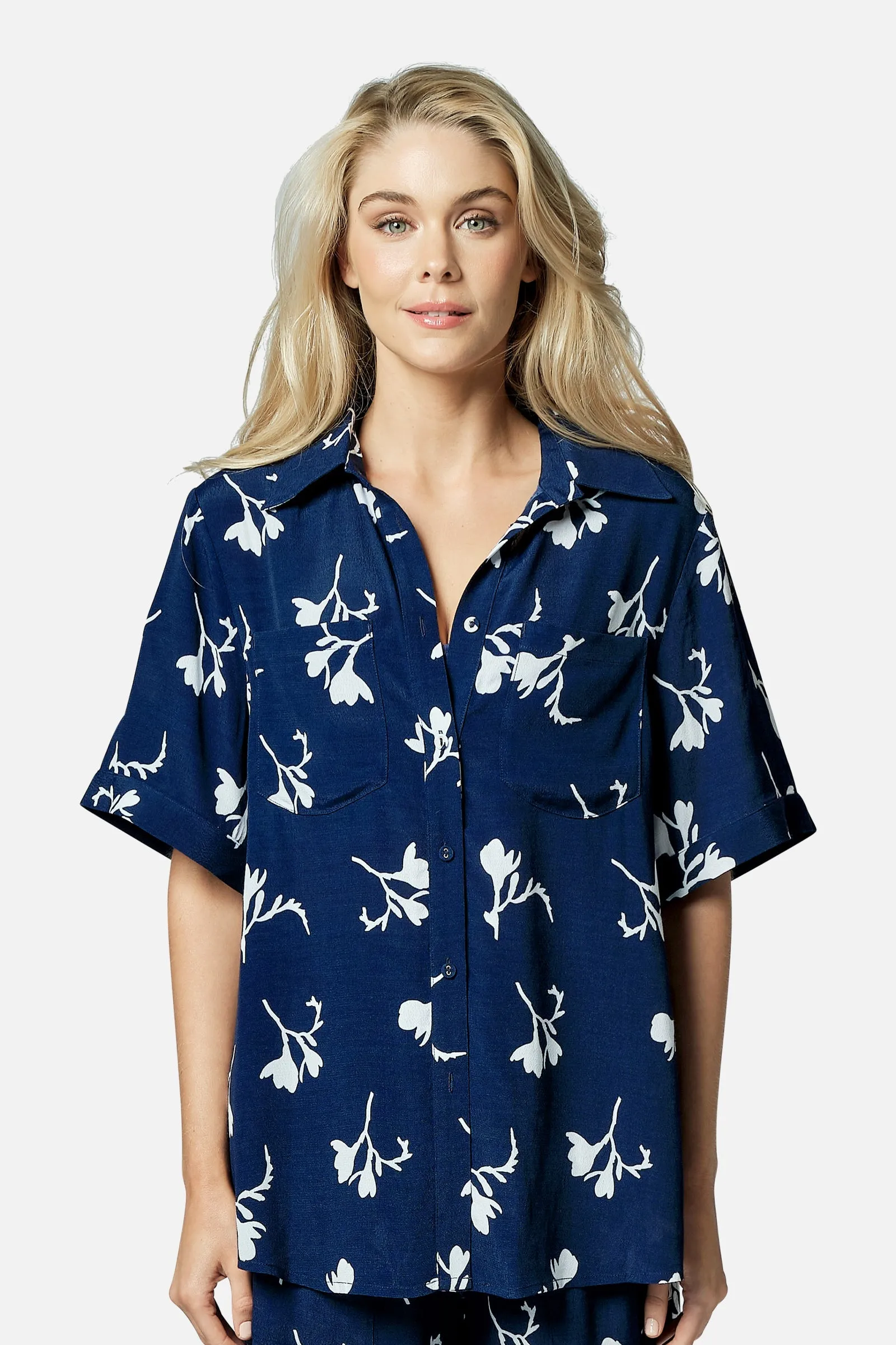Short Sleeve Button-Up Shirt FREESIA SILHOUETTE NAVY sold by UNE PIECE