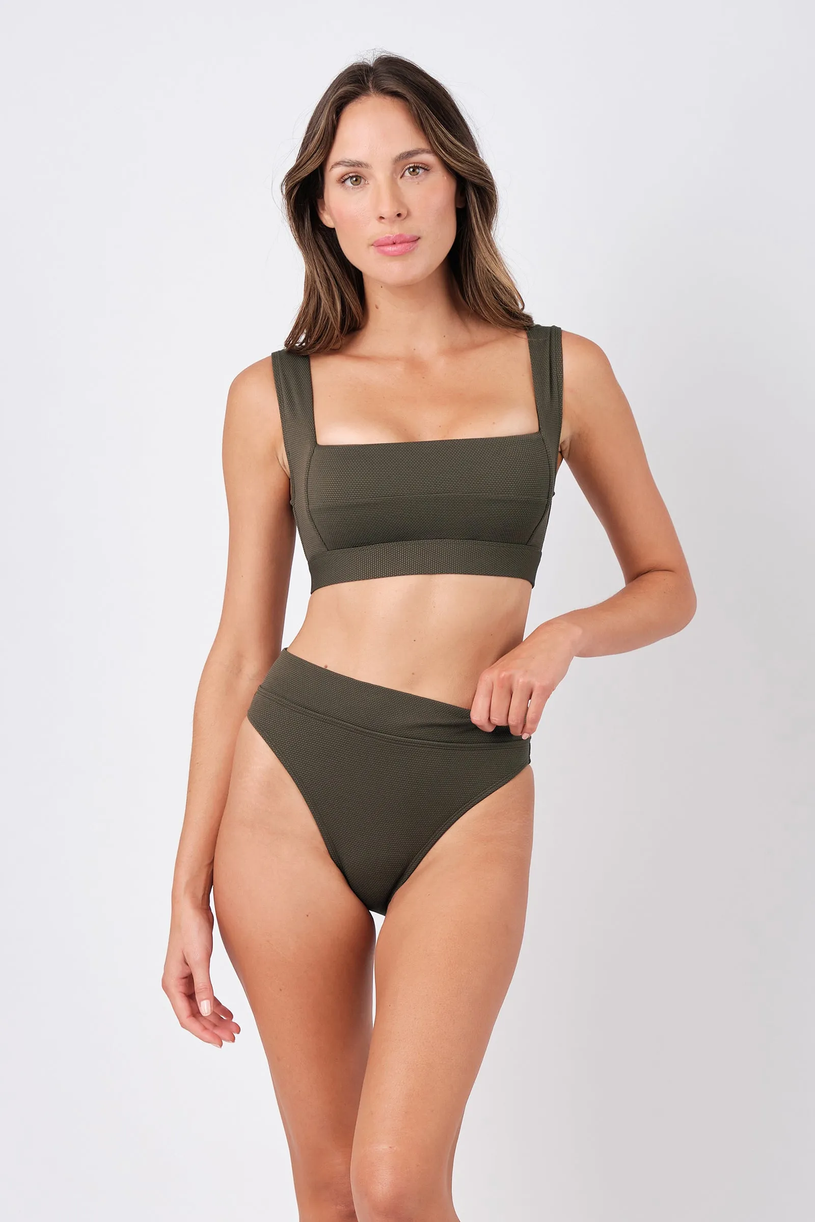 High-Cut High-Waisted Bikini Bottom KHAKI TEXTURE sold by UNE PIECE