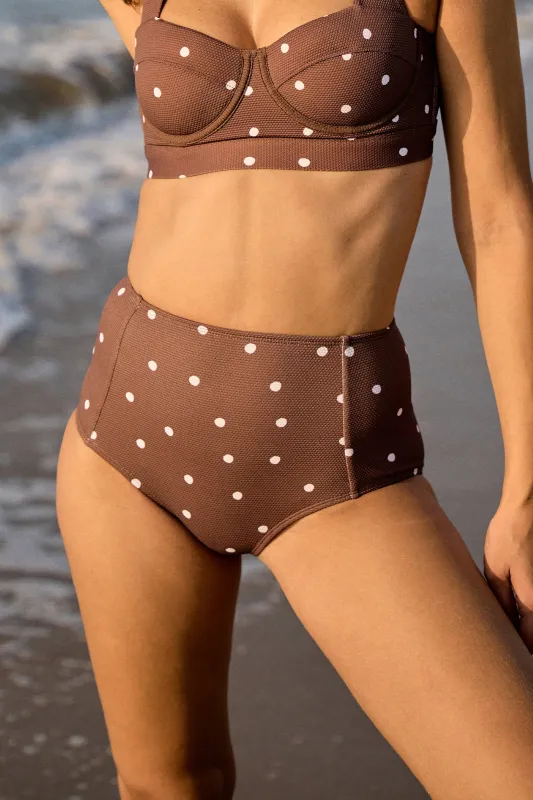 Never Say Never High-Waisted Bikini Bottom CHOCOLATE POLKA TEXTURE sold by UNE PIECE