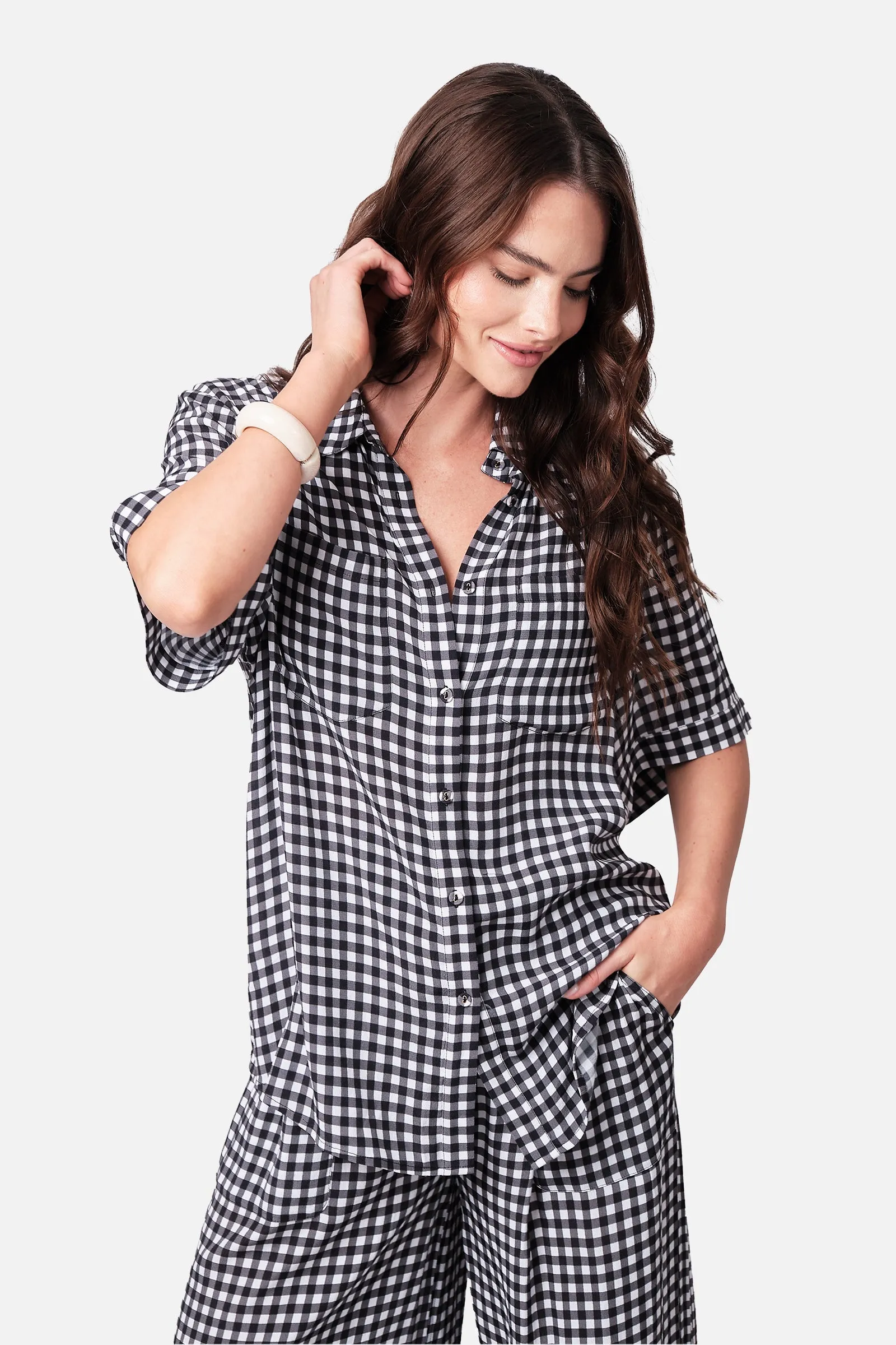 Short Sleeve Button-Up Shirt BLACK GINGHAM sold by UNE PIECE product image thumbnail 4