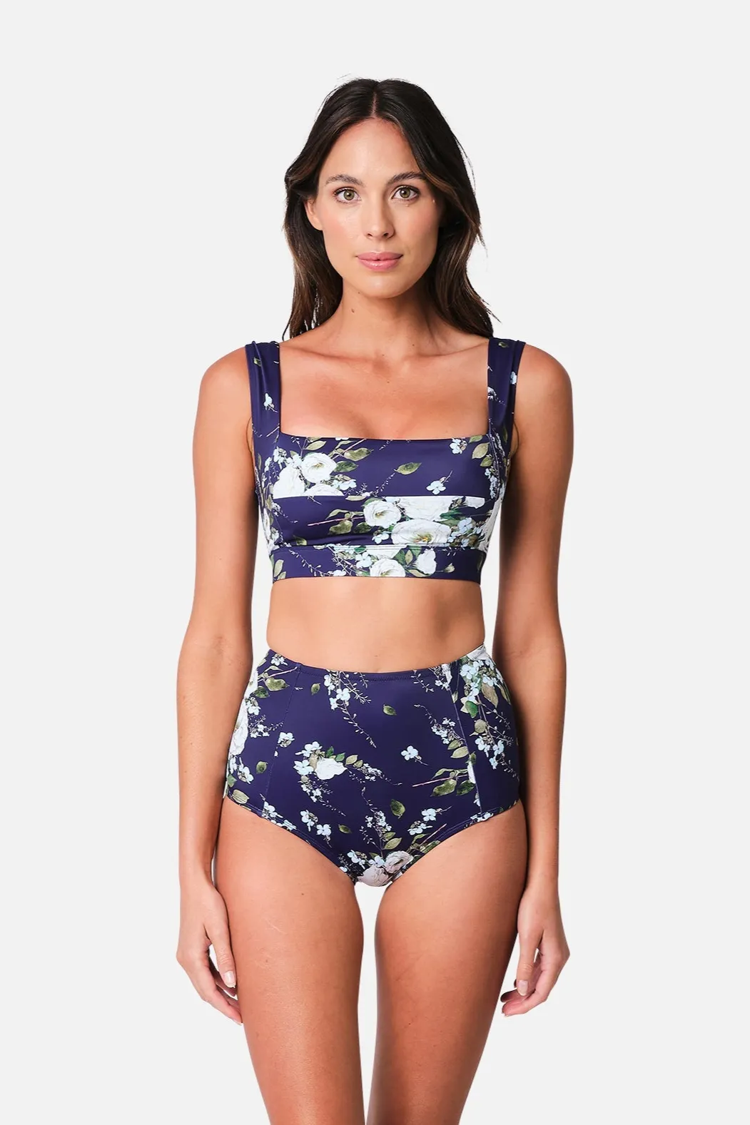 Never Say Never High-Waisted Bikini Bottom LONDON BOTANICAL NAVY sold by UNE PIECE