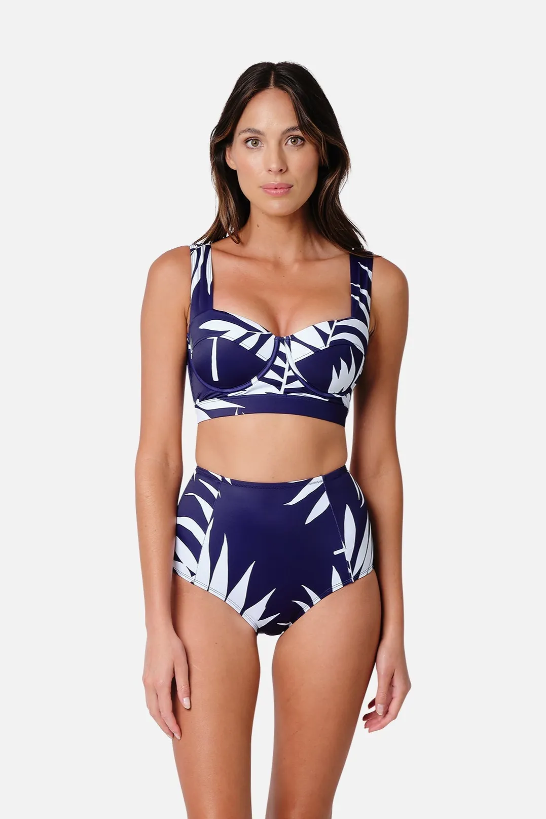 Never Say Never High-Waisted Bikini Bottom PALM SILHOUETTE NAVY sold by UNE PIECE