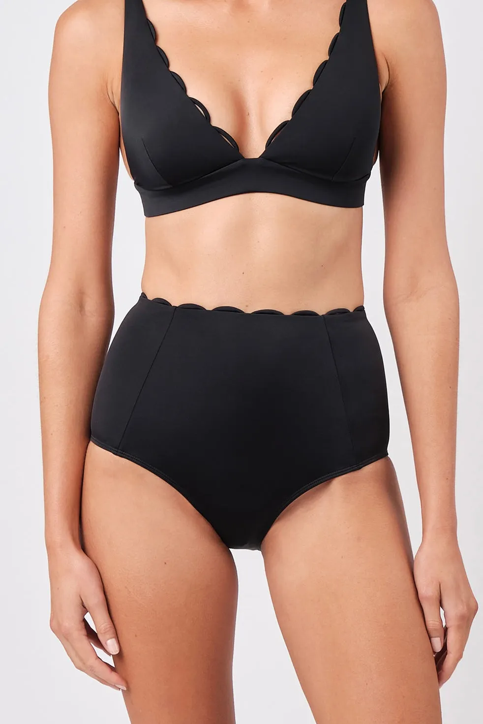 Scalloped Never Say Never High-Waisted Bikini Bottom BLACK sold by UNE PIECE