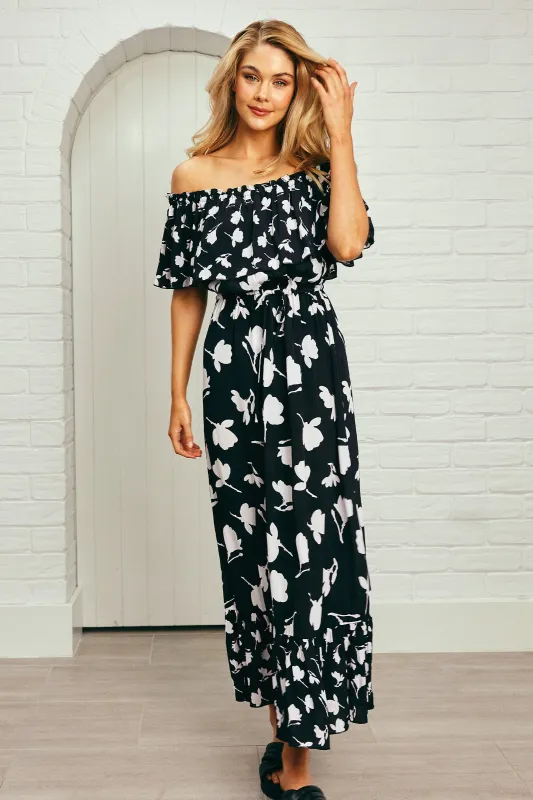Frill Off-Shoulder Maxi Dress MAGNOLIA SILHOUETTE BLACK sold by UNE PIECE