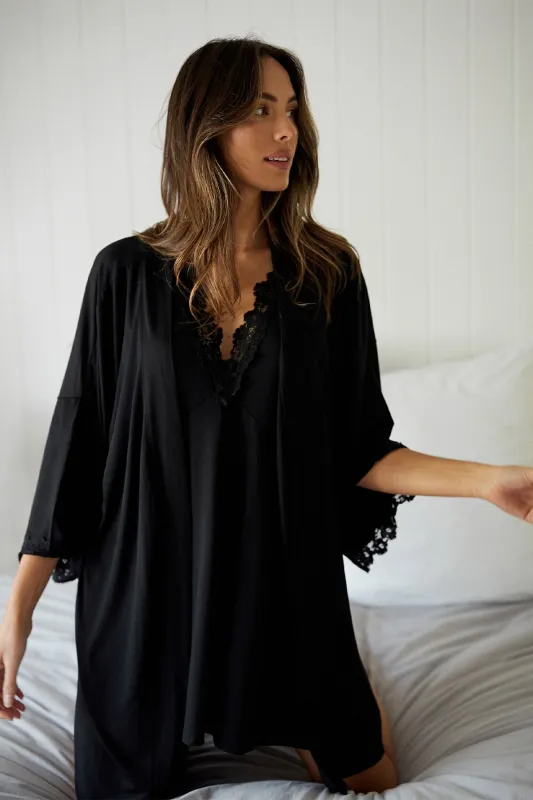 (Bundle) Lace Trim V-Neck Nightie + Modal Robe BLACK sold by UNE PIECE