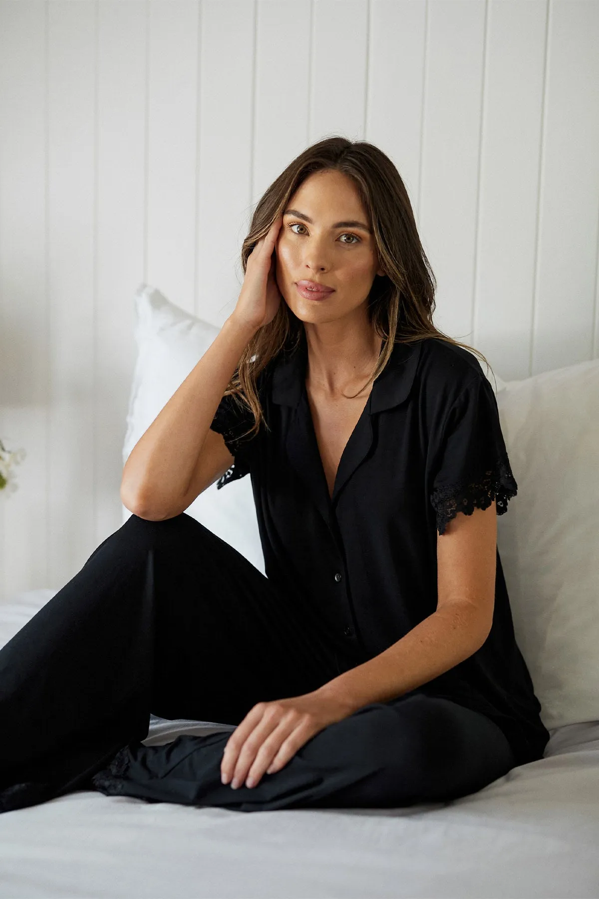 Lace Trim Modal Full Length Pyjama Set BLACK sold by UNE PIECE