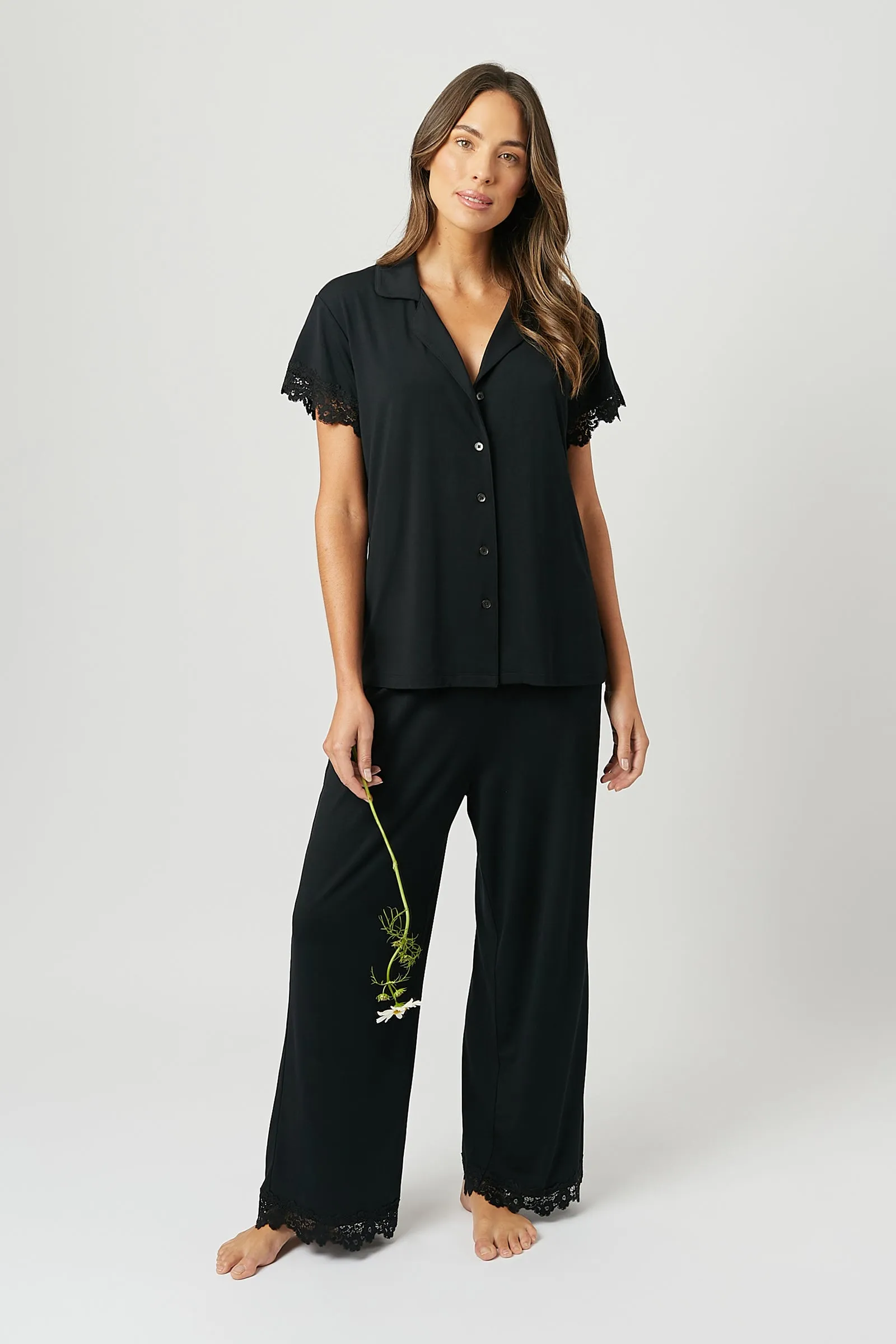 Lace Trim Modal Full Length Pyjama Set BLACK sold by UNE PIECE product image thumbnail 2