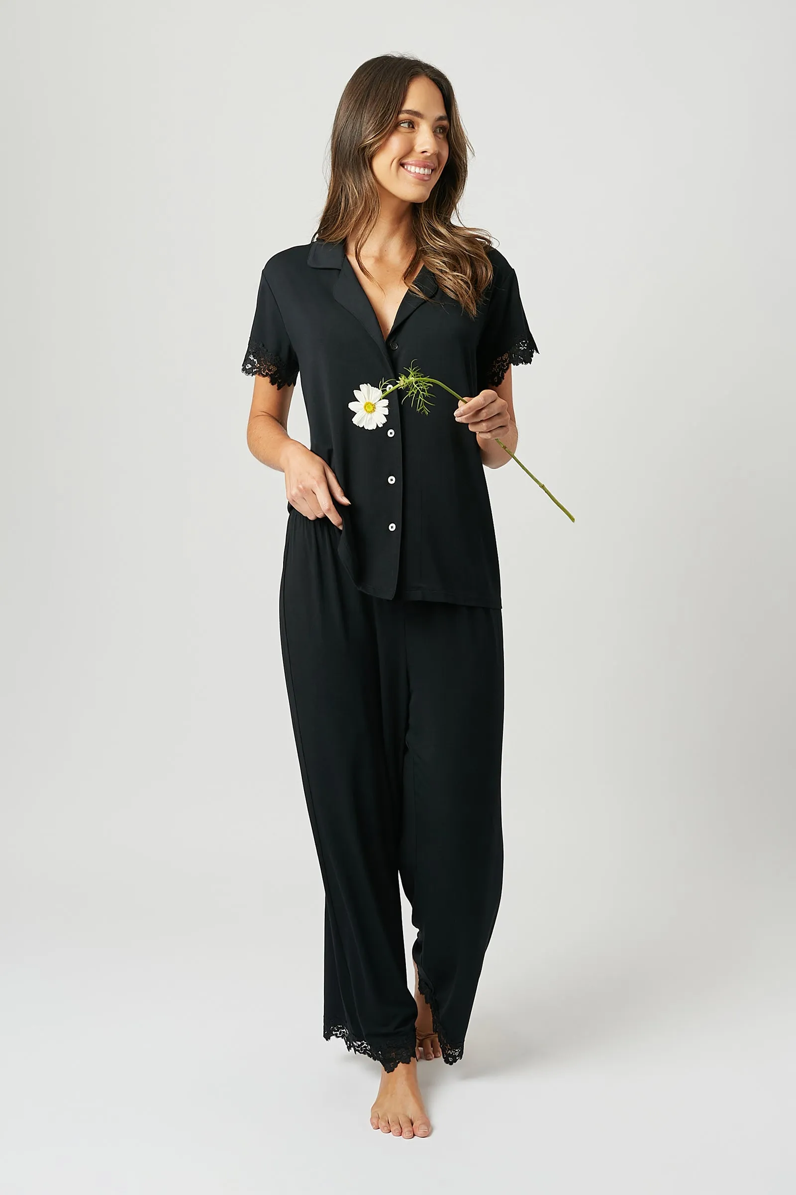 Lace Trim Modal Full Length Pyjama Set BLACK sold by UNE PIECE product image thumbnail 3