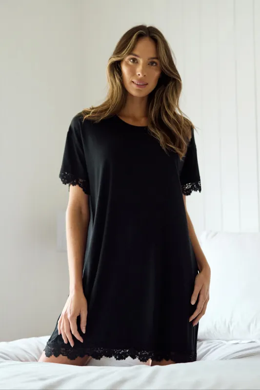 Lace Trim Sleep Tee Nightie BLACK sold by UNE PIECE