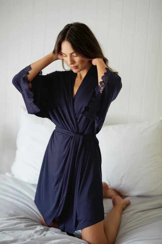 (Bundle) Lace Trim V-Neck Nightie + Modal Robe NAVY sold by UNE PIECE