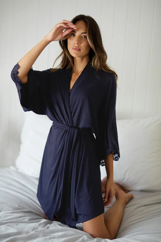 Lace Trim Modal Robe NAVY sold by UNE PIECE