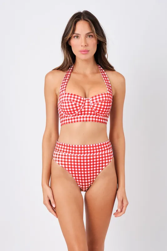 High-Cut High-Waisted Bikini Bottom RED GINGHAM sold by UNE PIECE