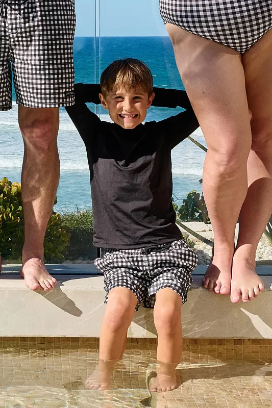 Boys Swim Shorts BLACK GINGHAM sold by UNE PIECE