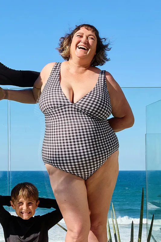 Classic V-Neck One Piece BLACK GINGHAM sold by UNE PIECE