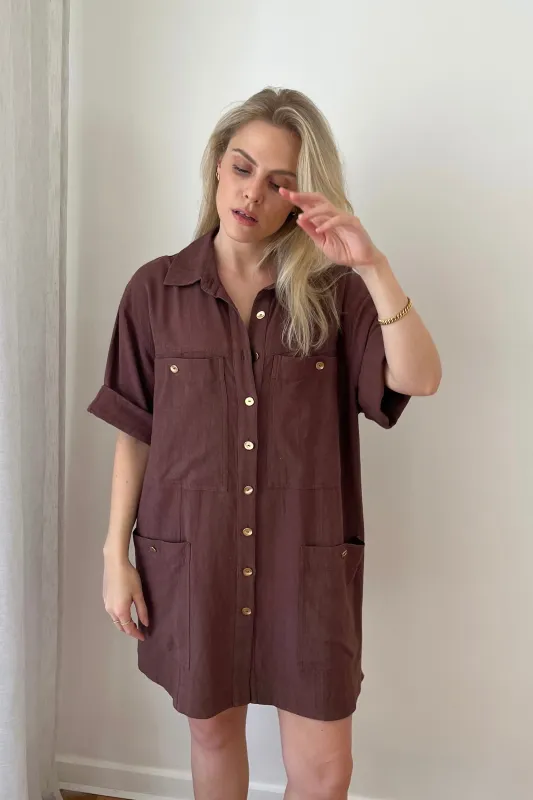 Short Sleeve Linen Dress CHOCOLATE made by UNE PIECE