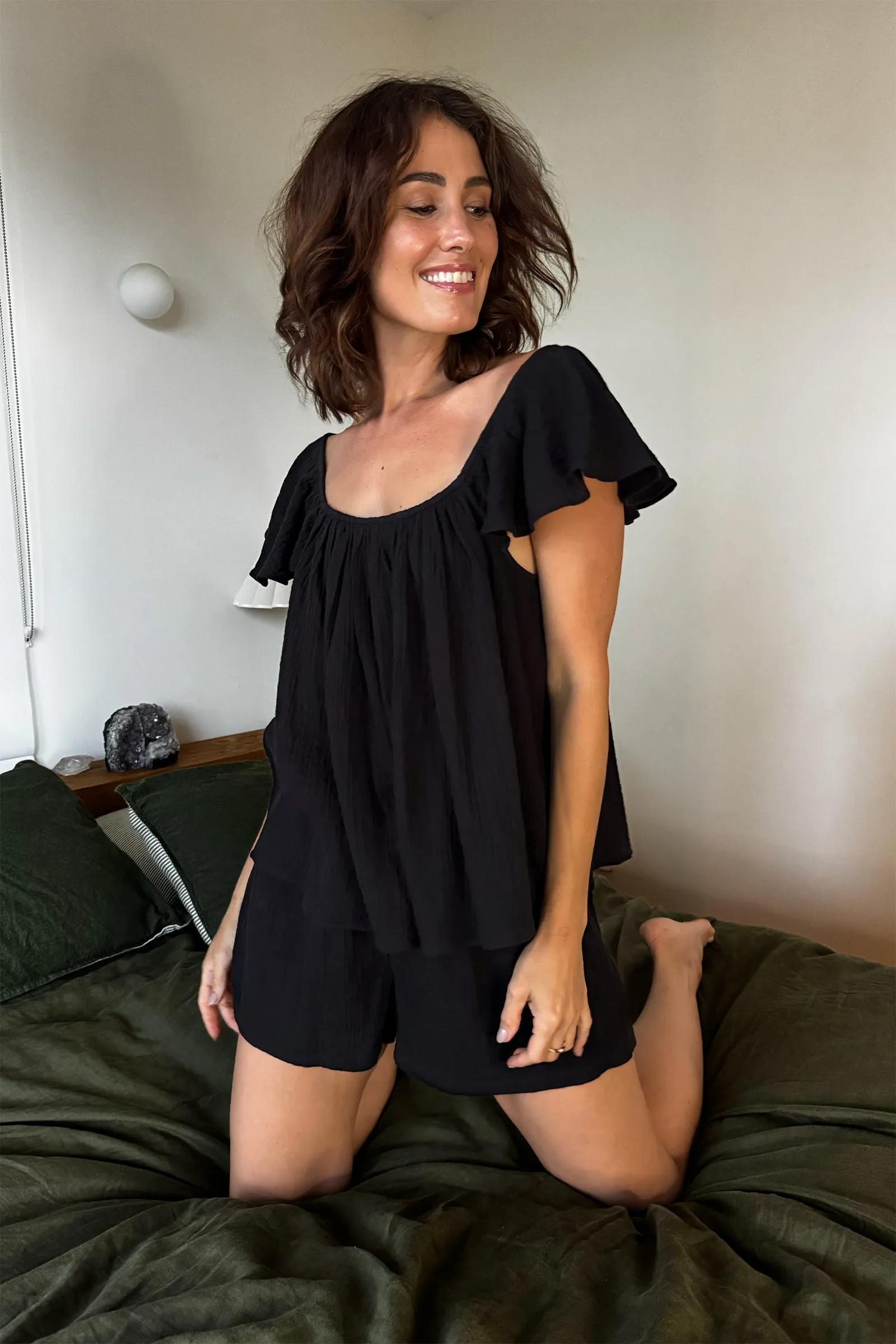 Ethereal Frill Top + Shorts Sleep Pyjama Set BLACK sold by UNE PIECE product image thumbnail 4