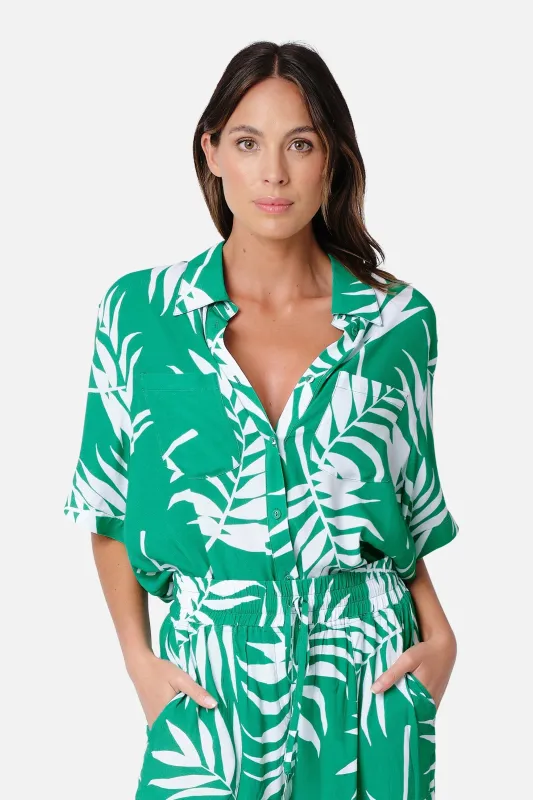 Short Sleeve Button-Up Shirt PALM SILHOUETTE GREEN sold by UNE PIECE