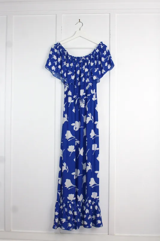 [Sample] Frill Off-Shoulder Maxi Dress MAGNOLIA SILHOUETTE BLUE sold by UNE PIECE