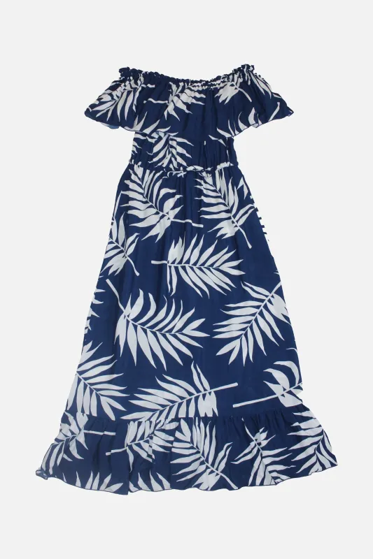 [Sample] Frill Off-Shoulder Maxi Dress PALM SILHOUETTE NAVY made by UNE PIECE