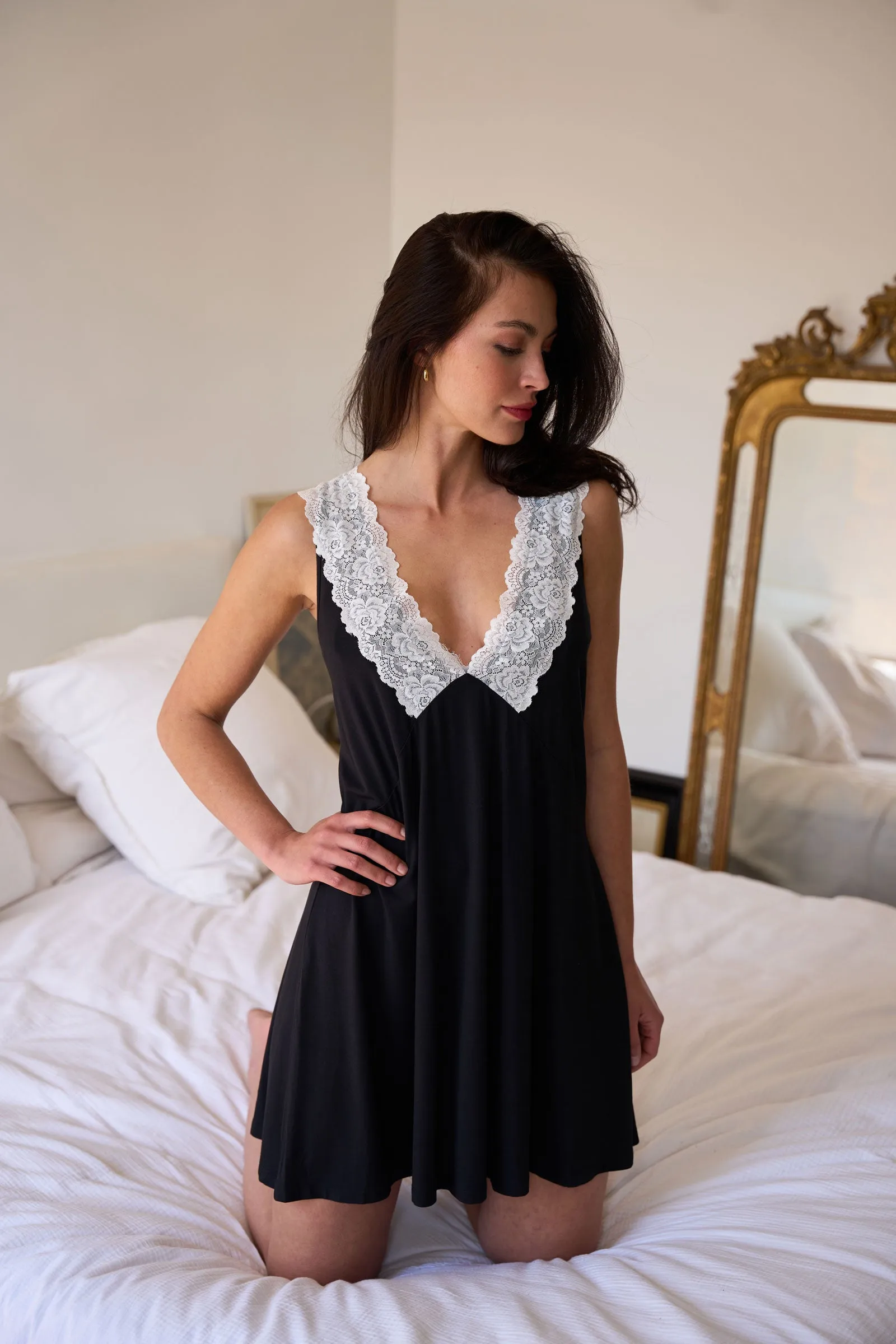 Delicate Lace Trim V-Neck Nightie MONOCHROME BLACK sold by UNE PIECE product image thumbnail 3