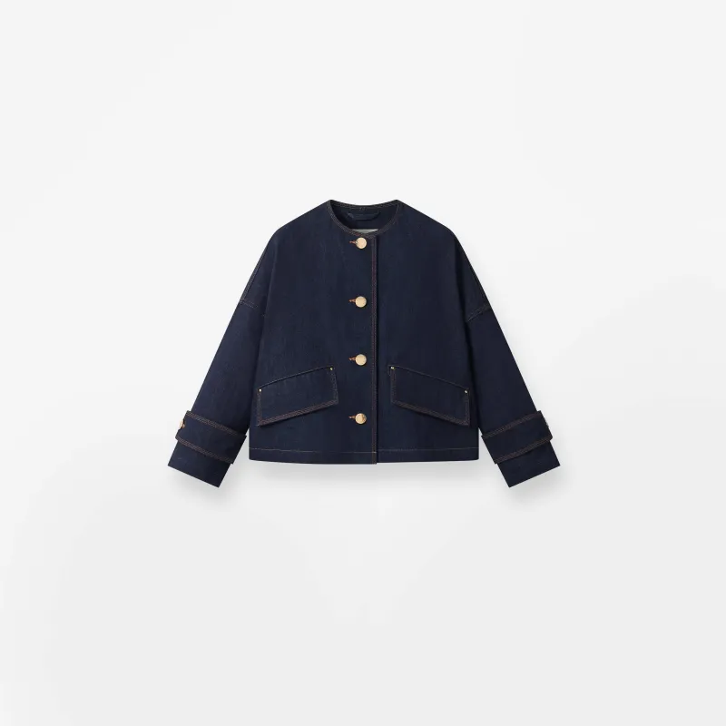 Humbie Collarless Denim Jacket made by Mackintosh