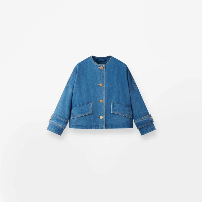Humbie Collarless Denim Jacket made by Mackintosh