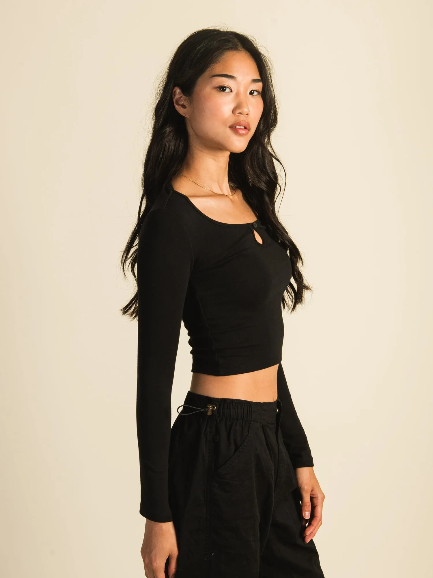 HARLOW PENNY KEYHOLE LONG SLEEVE TEE - BLACK - CLEARANCE sold by Boathouse product image thumbnail 2