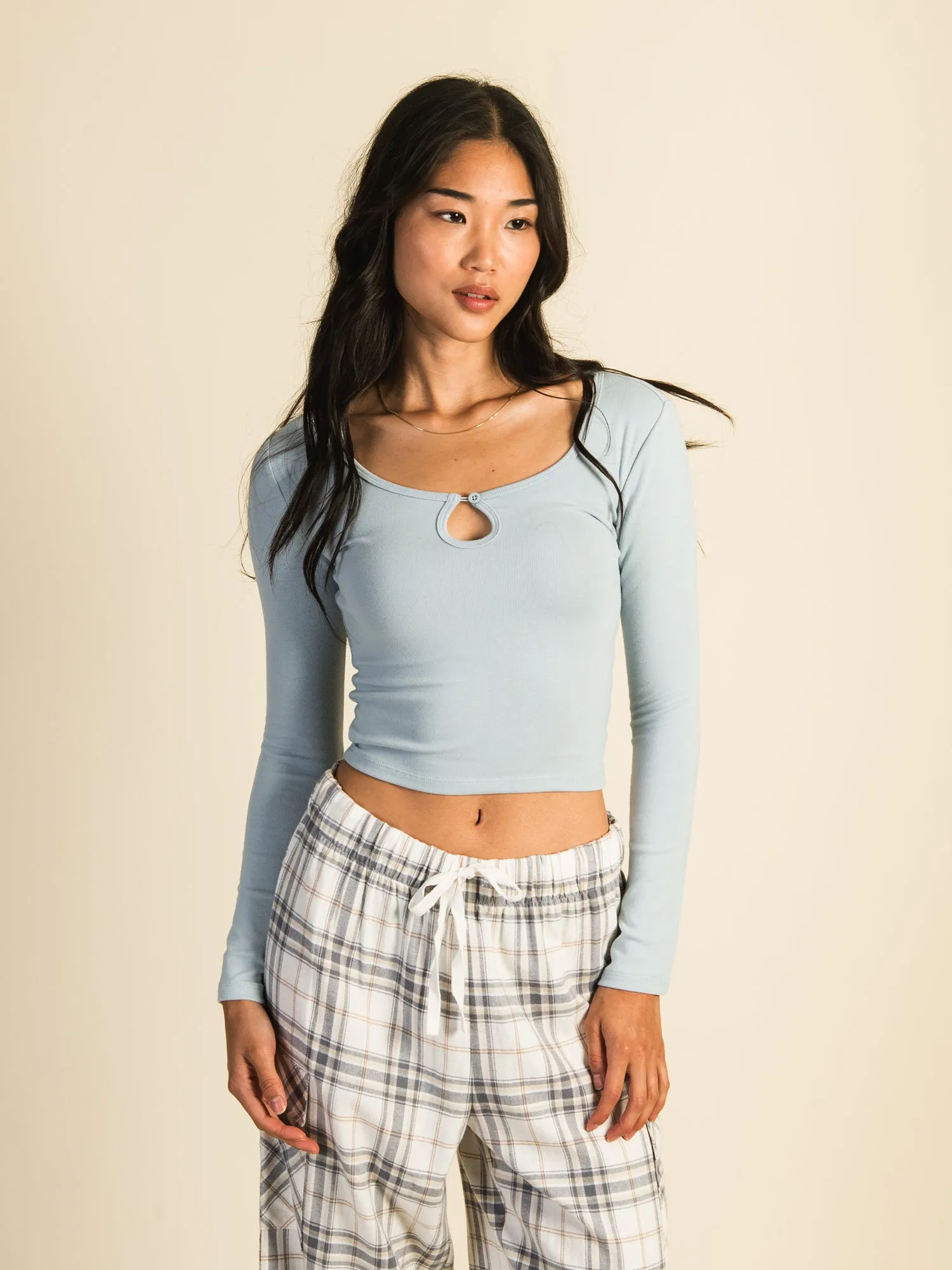 HARLOW PENNY KEYHOLE LONG SLEEVE TEE - LIGHT BLUE - CLEARANCE sold by Boathouse